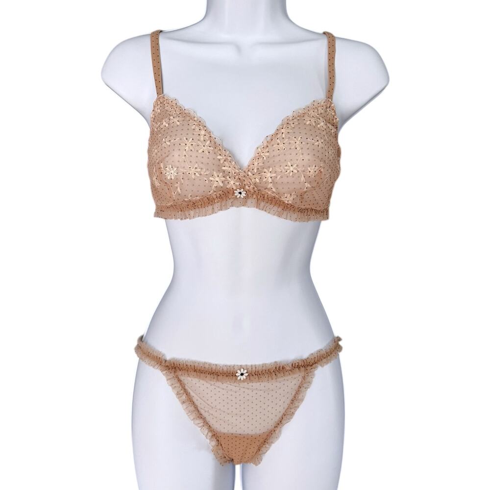 Intimissimi Nude Lace Mesh Lingerie Set 34C Small Floral Sheer Polka Dot NEW